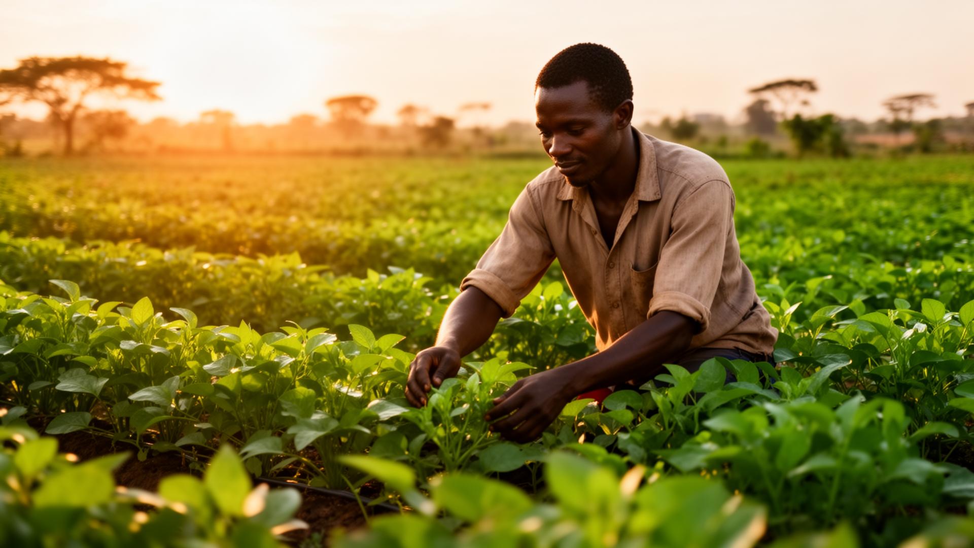 Ghanaian farmer tending green crops at golden hour