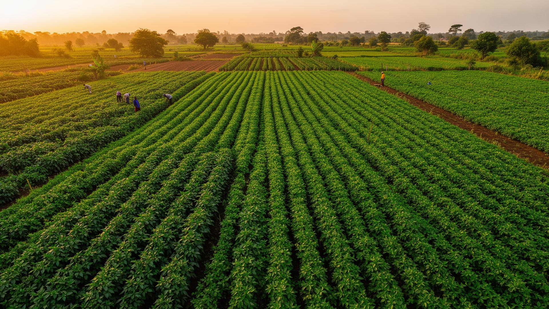 Lush green farmland in Ghana at golden hour