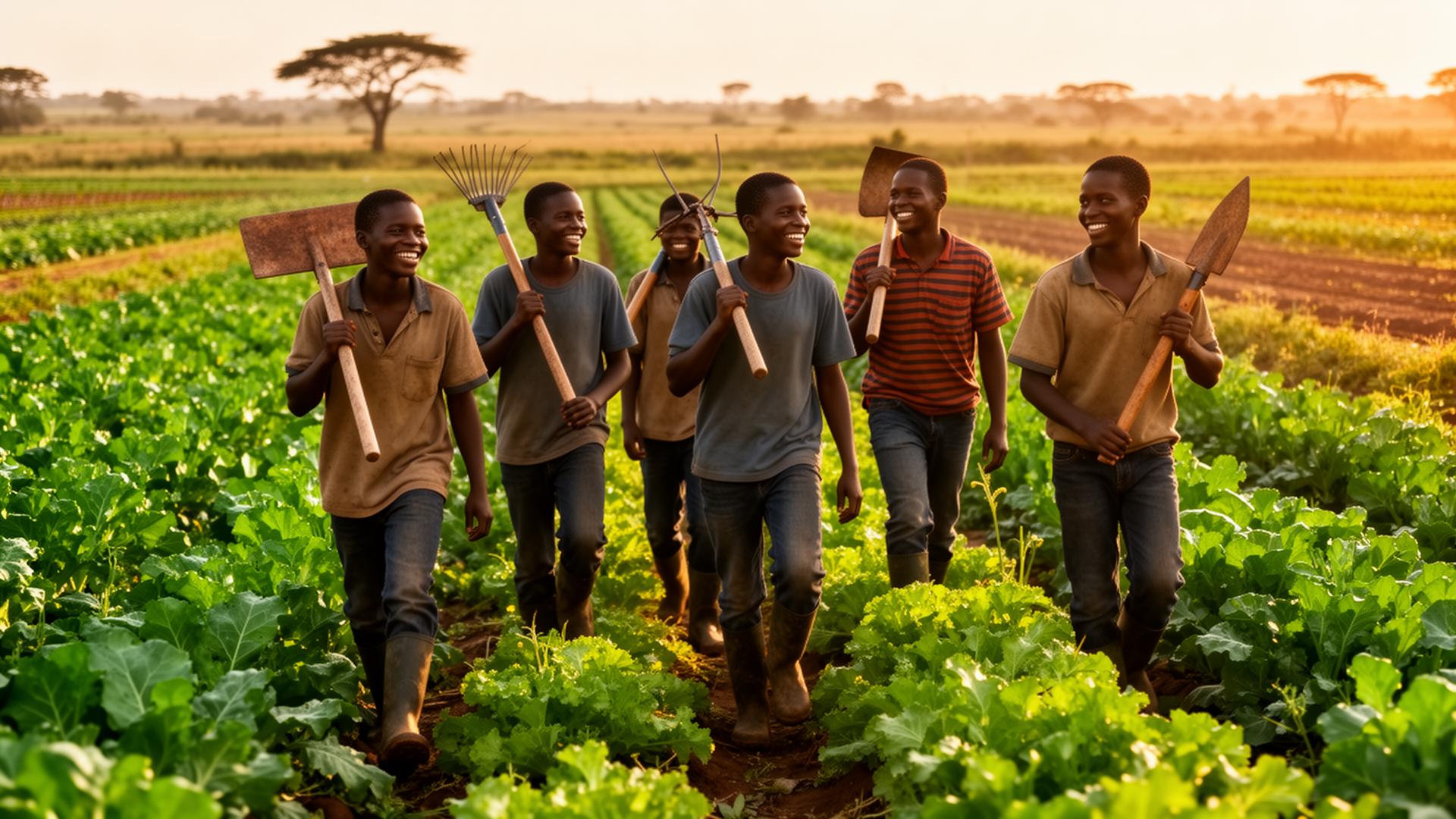 Young Ghanaian farm workers walking together through green fields
